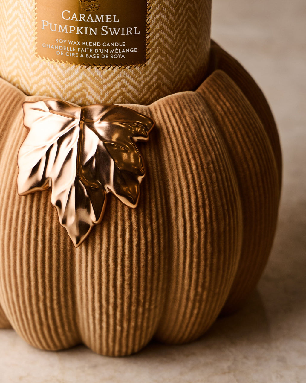 Tan Corduroy Pumpkin 3-Wick Candle Holder image 2